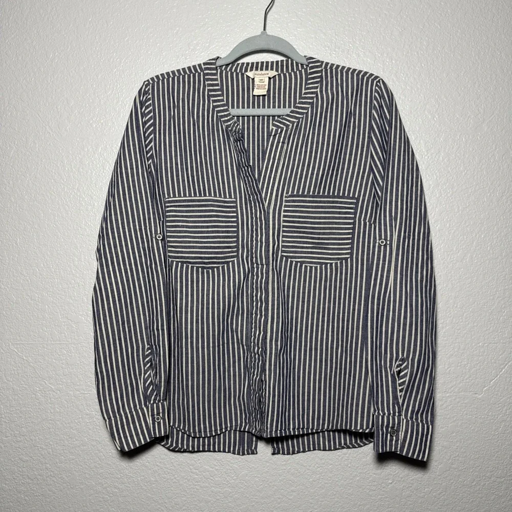 Sundance Dylan Striped‎ Split Back Button Down Top M Blue Cotton Nautical